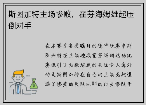 斯图加特主场惨败，霍芬海姆雄起压倒对手
